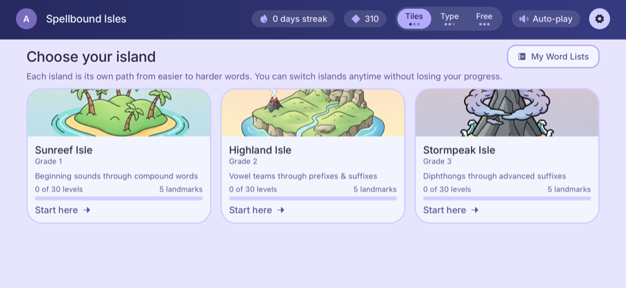 Spellbound Isles island-selection screen, showing Sunreef, Highland, and Stormpeak isles graded by difficulty
