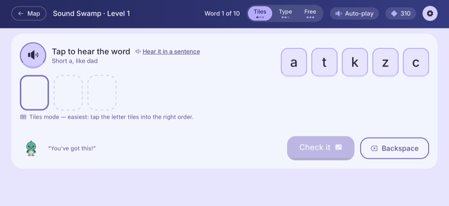 Spellbound Isles gameplay screen, spelling a word using letter tiles
