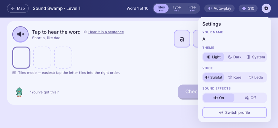 Spellbound Isles settings panel, showing theme, voice, and sound effect options